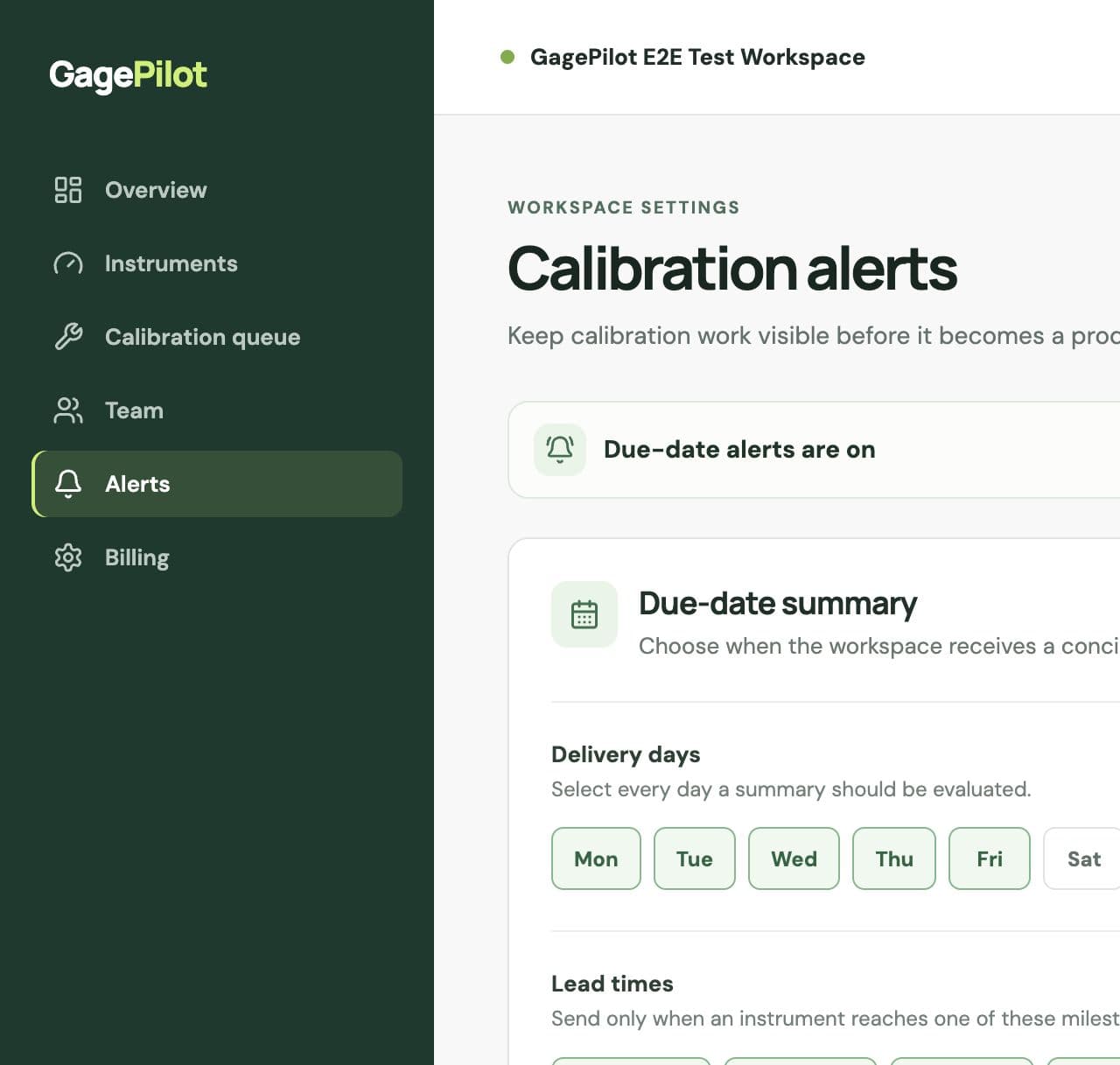 GagePilot calibration alerts settings showing delivery days, lead times, and out-of-service notifications