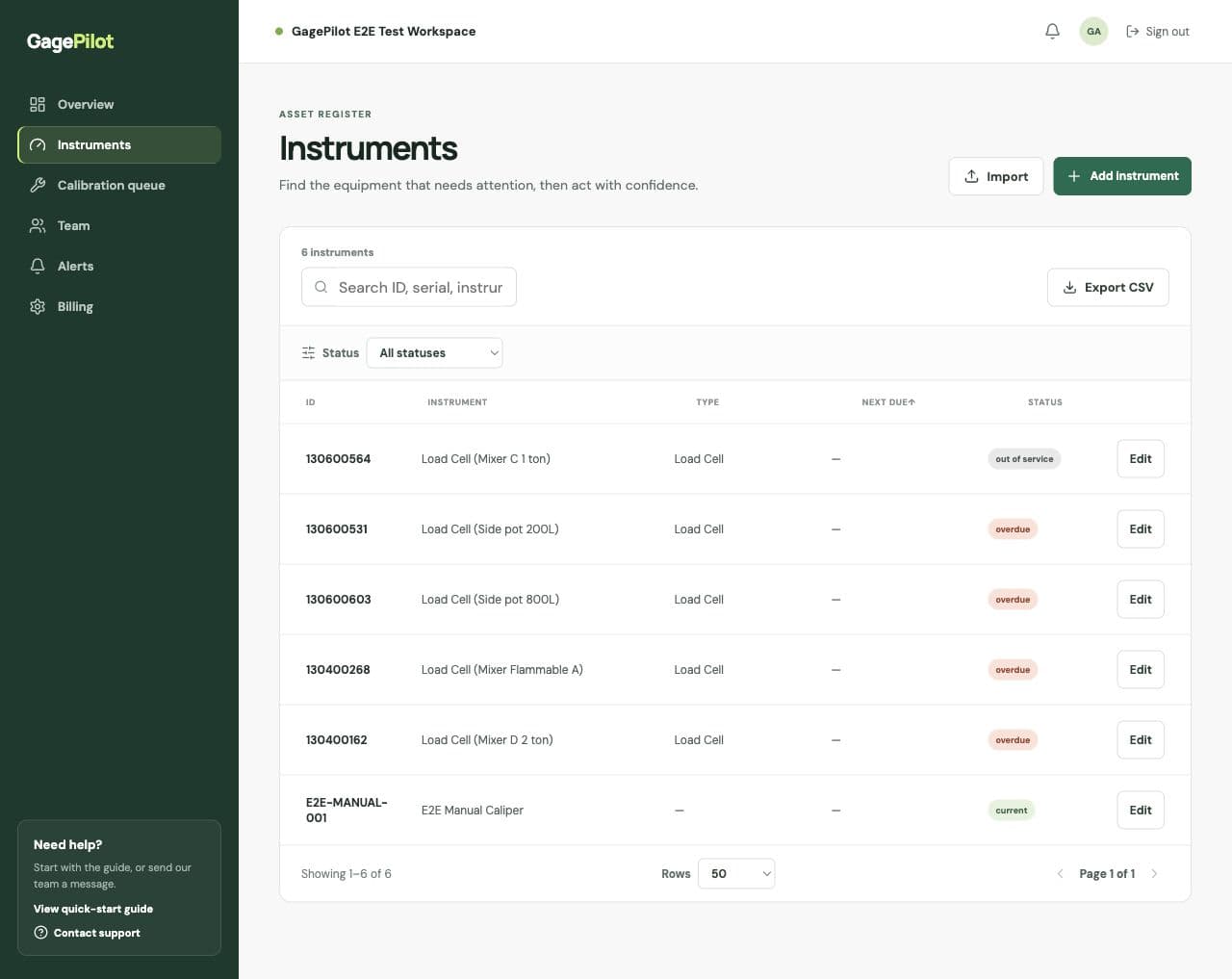 GagePilot instrument register showing six instruments with status filters and export controls